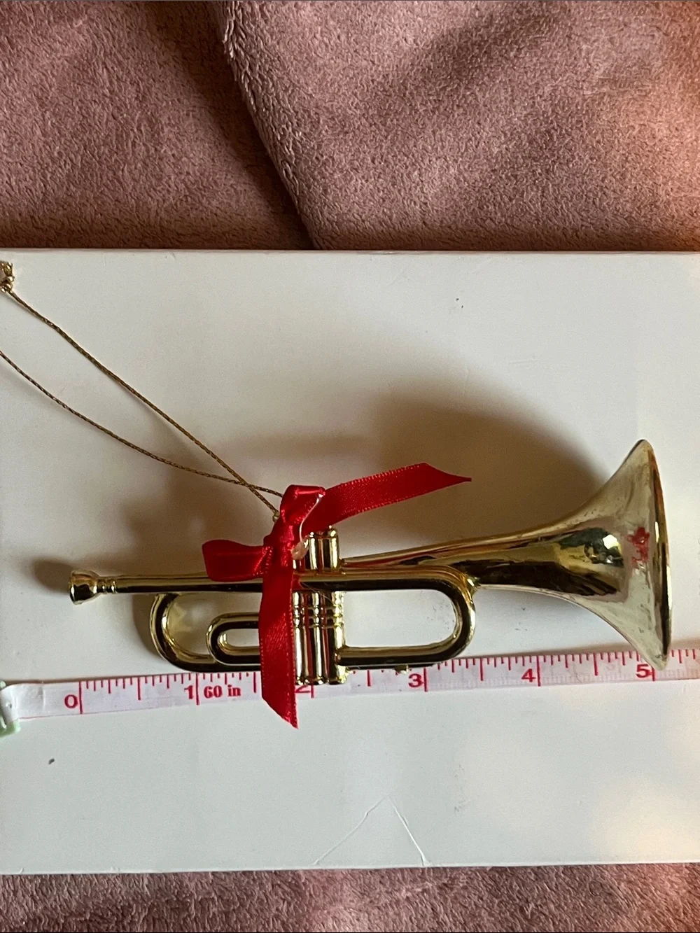 Gold Trumpet Ornament with Red Bow